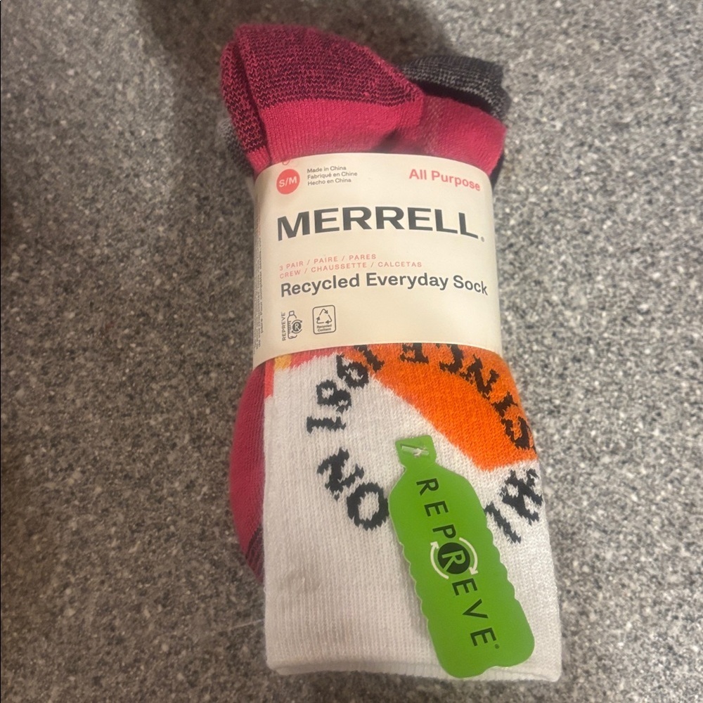 Merrell Recycled Everyday Crew Socks Unisex Adults Size S/M Pink 3 Pack Blk